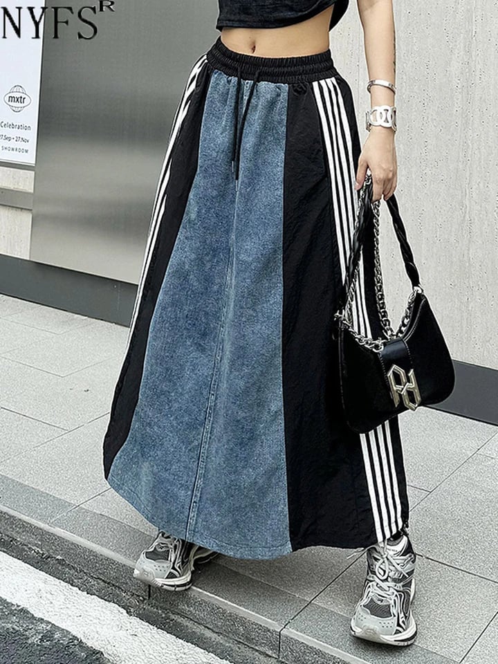 Dámská vintage džínová dlouhá sukně s vysokým pasem, plus size, patchwork, áčkový tvar, maxi sukně, léto 2025