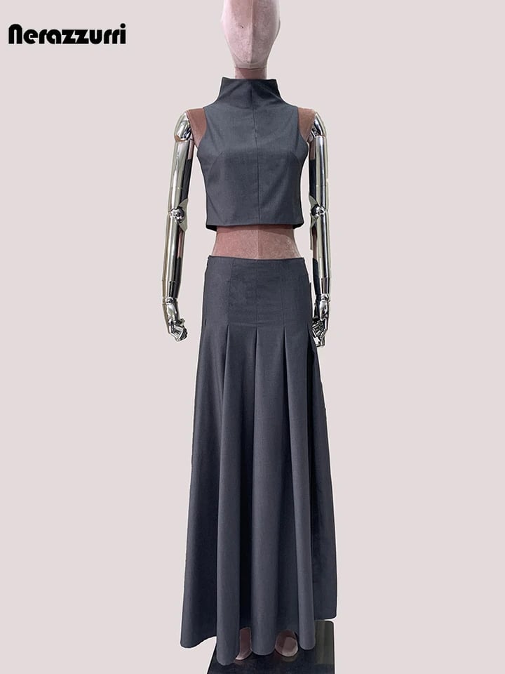 Dámská skládaná maxi sukně s vysokým pasem, šedá, délka na zem, boční rozparek, splývavá, elegantní, šik