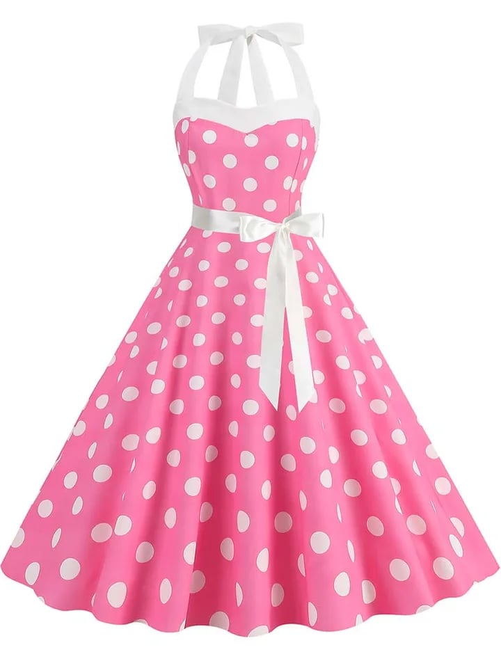 Dámské vintage puntíkované šaty s ramínky a páskem - letní společenské šaty ve stylu 50. a 60. let