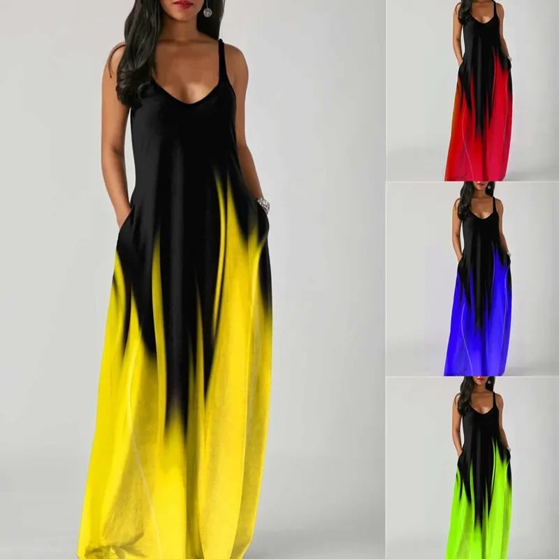 Dámské letní maxi šaty bez ramínek s potiskem a gradientním potiskem, úzký střih, bez rukávů, plus size