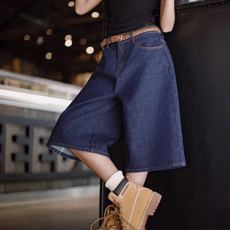 Dámské letní ležérní vintage džínové kraťasy s vysokým pasem a širokými nohavicemi, vyšívané