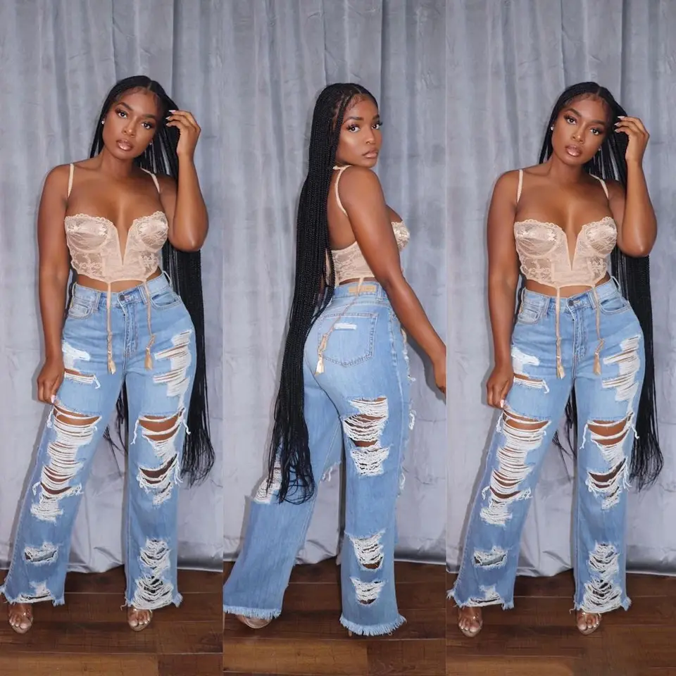 Dámské džíny s vysokým pasem, roztrhané - úzké, rovné nohavice s kapsami