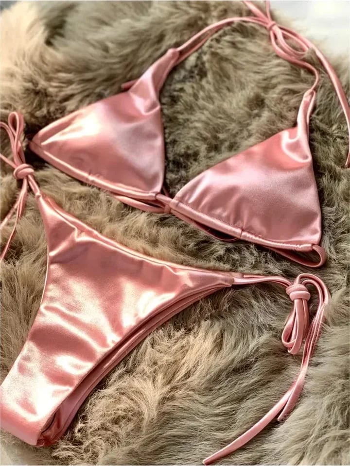 Vysoce vykrojené metalické saténové bikiny - dvoudílné plavky Halter pro ženy, plážové oblečení v brazilském stylu