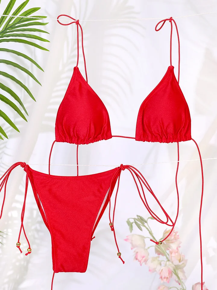 Červený trojúhelníkový set bikin - dvoudílné mikro tanga, plážové plavky pro ženy