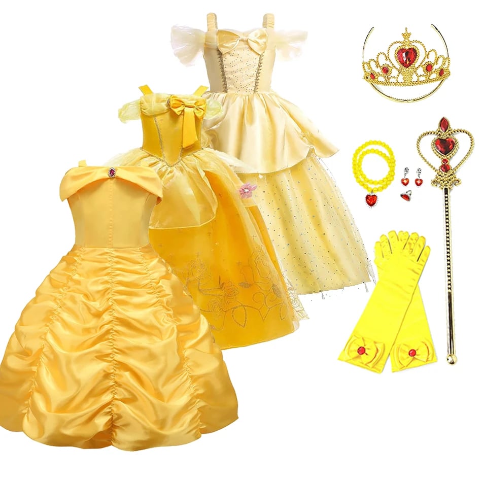 Dívčí kostým princezny Belle, žluté párty, maškarní kostým, halloween, narozeninový kostým