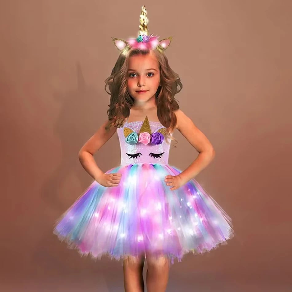 Dívčí duhové tutu šaty s jednorožcem a LED diodami - dětský narozeninový halloweenský kostým s flitry