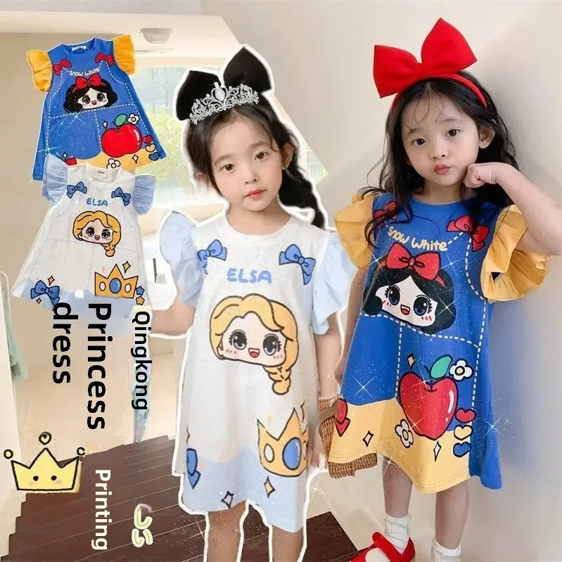 Dívčí princeznovské šaty s krátkým rukávem, kreslený tisk, střední délky, dětské letní oblečení