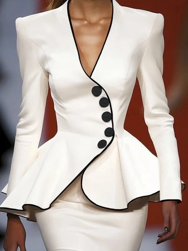 Dámská bunda s hlubokým výstřihem do V a knoflíky - Slim Fit s dlouhým rukávem, podzim/jaro, svrchní oblečení, elegantní top