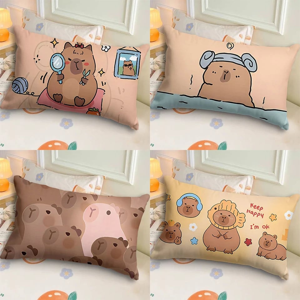 Roztomilý kreslený povlak na polštář s potiskem kapybary - dekorativní povlak na polštář do ložnice, pohovky a bytových dekorací