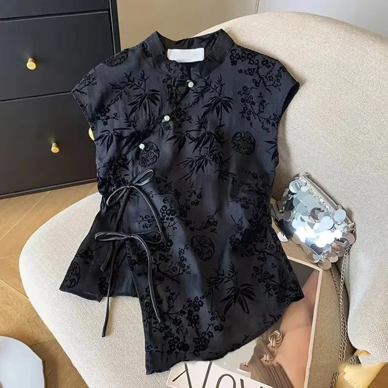 Dámský retro čínský styl čchongsam top - černé žakárové letní tričko s krátkým rukávem