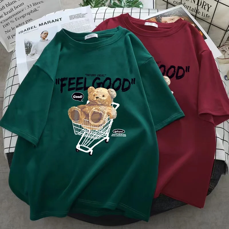 Dámské tričko s kresleným medvědem, volný střih, krátký rukáv, korejská móda, ležérní top