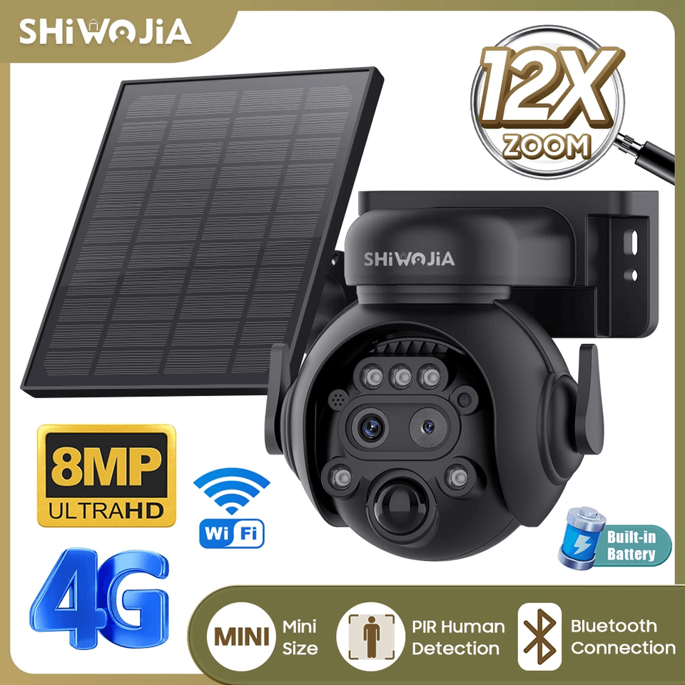 12x zoom solární bezpečnostní kamera 8MP 4G LTE WiFi venkovní noční vidění PIR detekce osob duální čočka