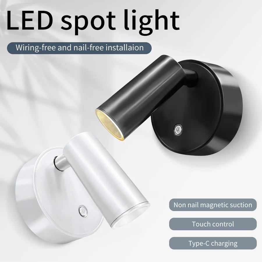 LED magnetické nástěnné světlo, dobíjecí bezdrátové 3barevné nastavitelné mini bodové světlo do ložnice