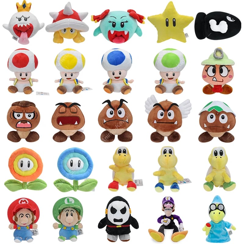 Kolekce plyšových hraček Super Mario - Ohnivá květina, hvězda, plachý kluk, Boo, Koopa, ropucha, plyšová zvířátka