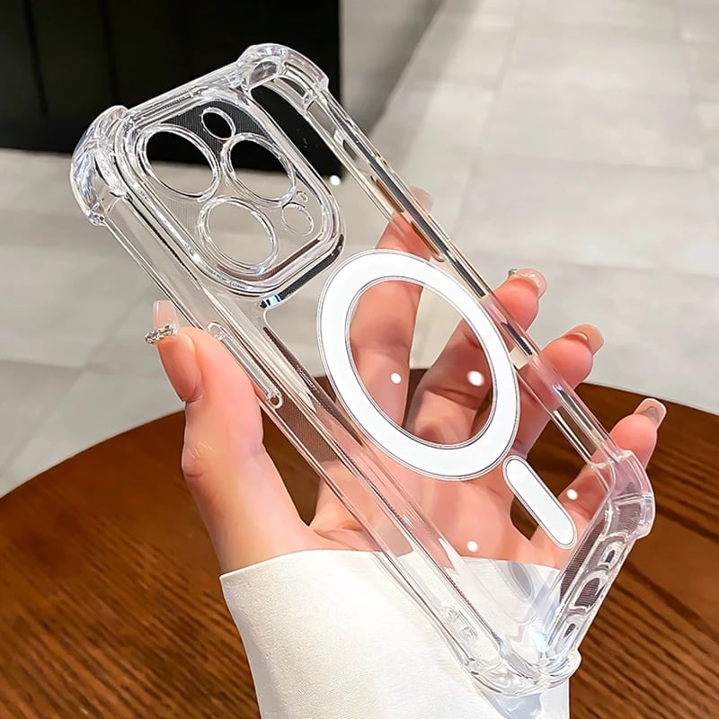 Průhledný magnetický kryt pro bezdrátové nabíjení pro iPhone 11-16 Pro Max, nárazuvzdorný, transparentní