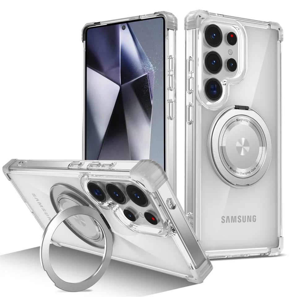 Magnetický otočný stojánek na telefon pro Samsung Galaxy S25 S24 S23 S21 Průhledný nárazuvzdorný pancéřový kryt