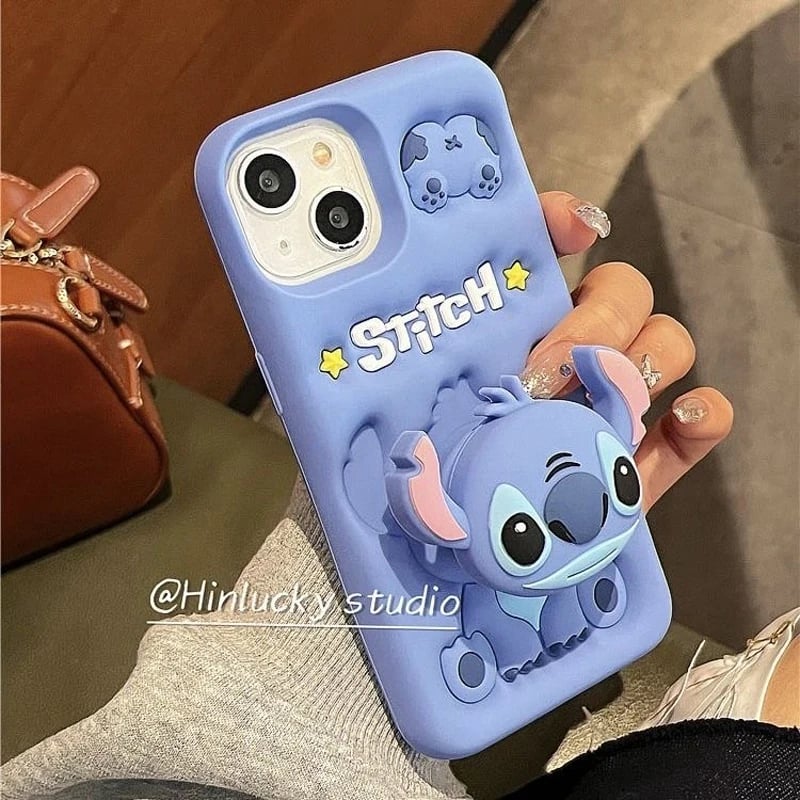 Roztomilý silikonový kryt na telefon Stitch s držákem Pop Grip - pro iPhone