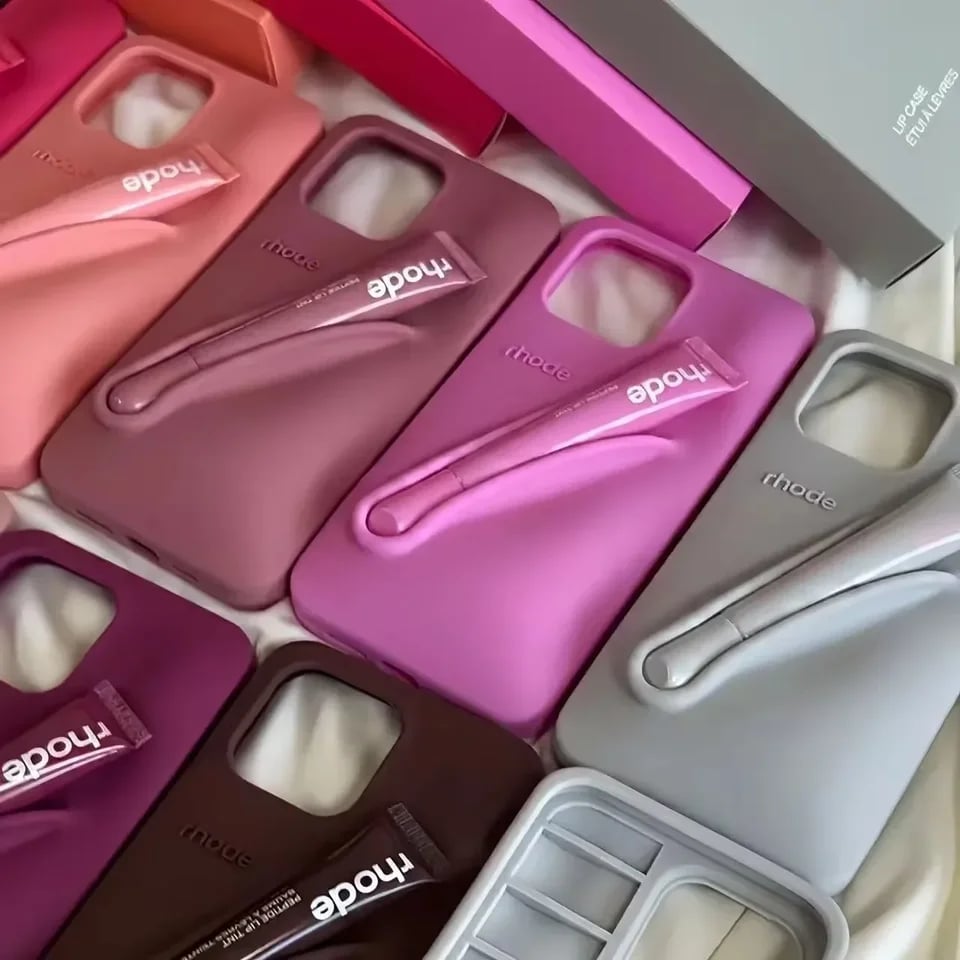 Silikonový kryt s motivem rtěnky pro iPhone 16, 15, 14, 13, 12, 11, Pro Max Plus, 3D tisk, stojánek