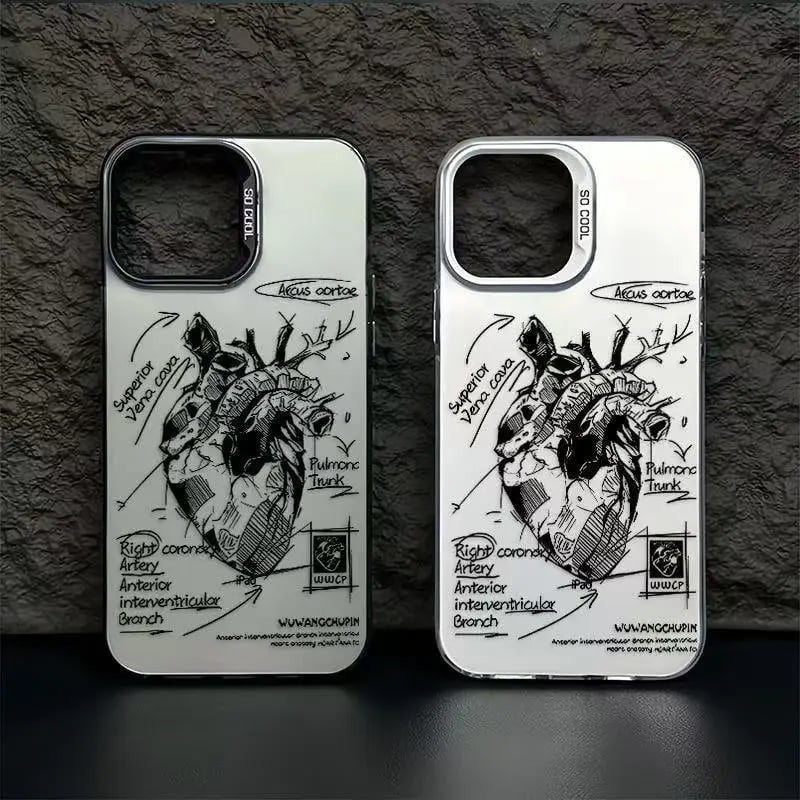 Pouzdro na telefon s anatomií srdce pro iPhone 15, 14, 13, 12, 11 Pro Max, odolné proti pádu