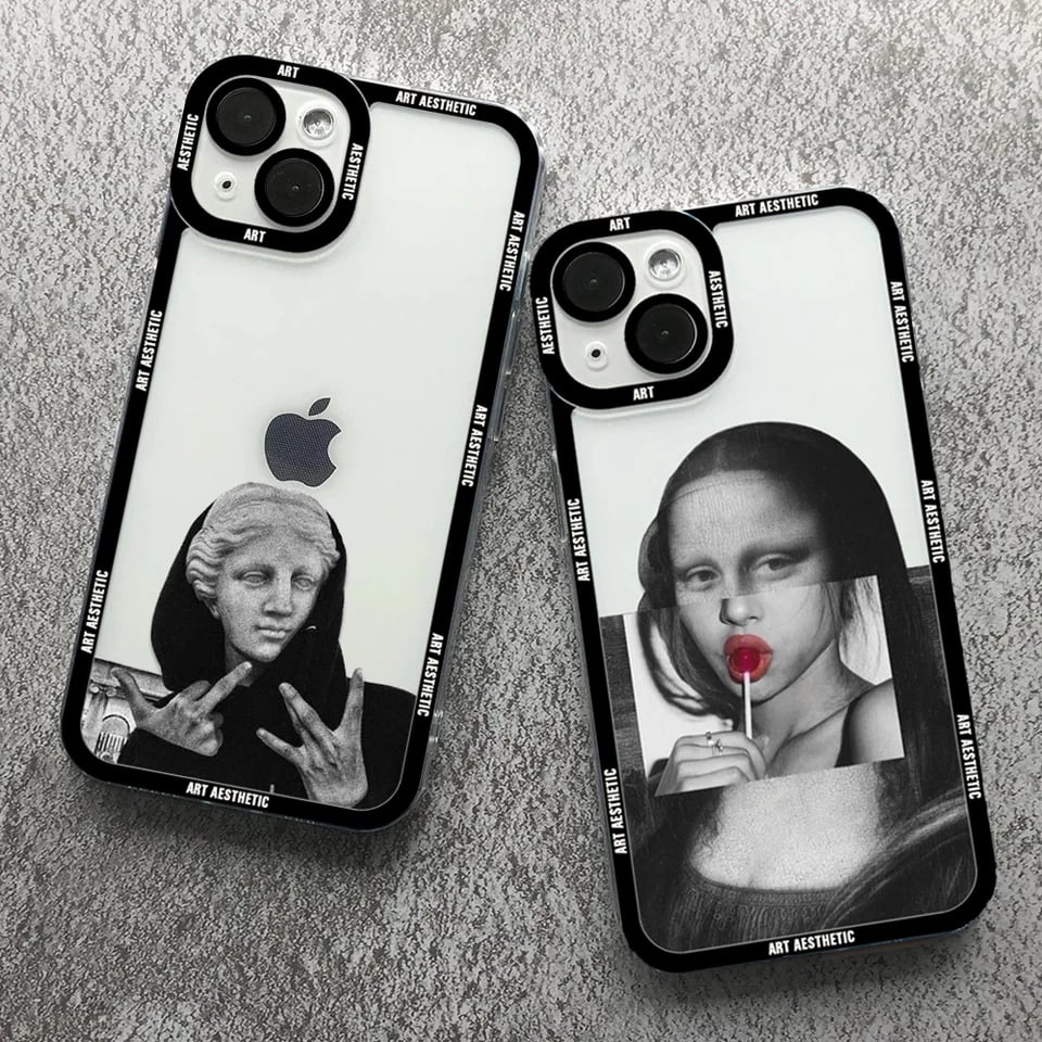 Klasický průhledný měkký kryt s motivem Davida a Mony Lisy pro iPhone - 16, 15, 14, 13, 12, 11 Pro Max Mini XS X SE 7, 8