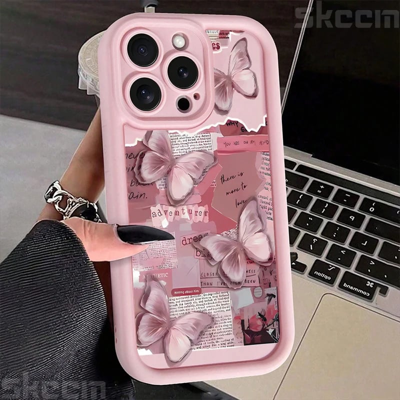 Silikonový kryt na telefon s růžovým motýlem, nárazuvzdorný, měkký, pro iPhone 16, 15, 14, 13, 12, 11 Pro Max
