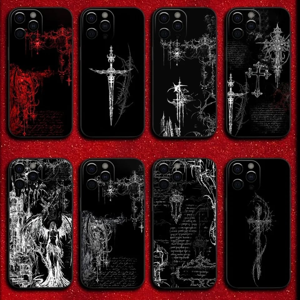 Silikonový kryt s motivem gothic cross pro iPhone 16 15 14 13 12 11 Pro Max Mini X XR 8 7