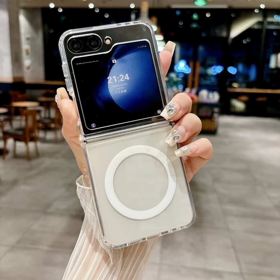 Bezdrátové nabíjení, nárazuvzdorné magnetické pouzdro pro Samsung Galaxy Z Flip 3 4 5 6 7, průhledný kryt