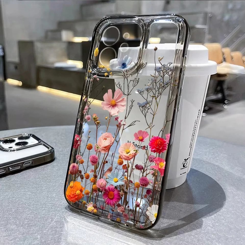 Průhledný kryt s květinovým motivem pro iPhone 16, 15, 14, 13, 12, 11 Pro Max, nárazuvzdorný, měkký silikonový kryt