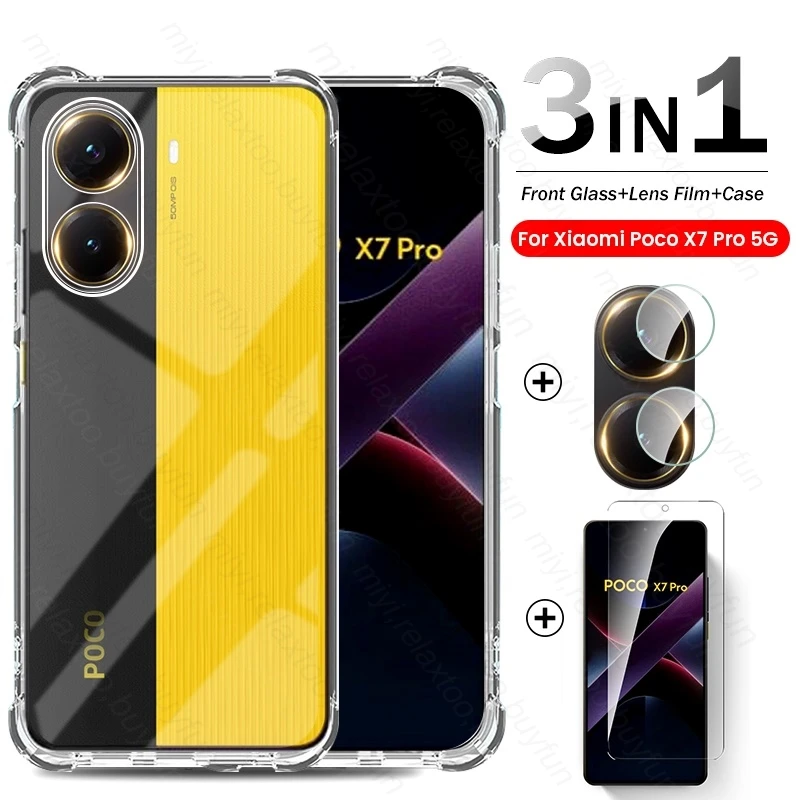 Měkké TPU pouzdro + ochranný kryt displeje + sklo fotoaparátu pro Poco X7 Pro 5G