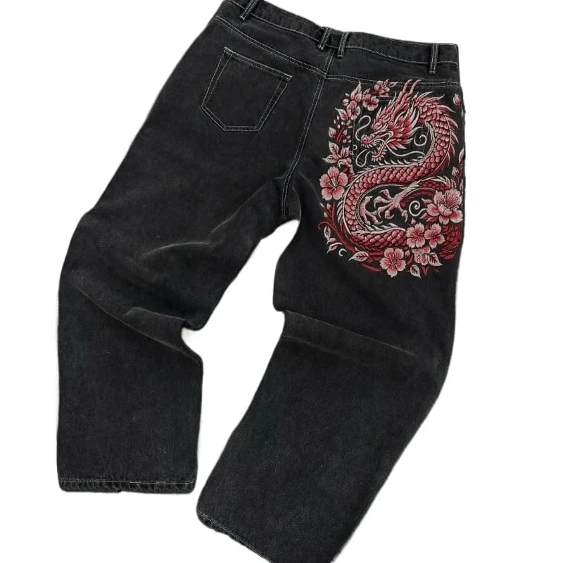 Retro Hip-Hop džíny s výšivkou sakury a draka - unisex baggy street wear Y2K styl