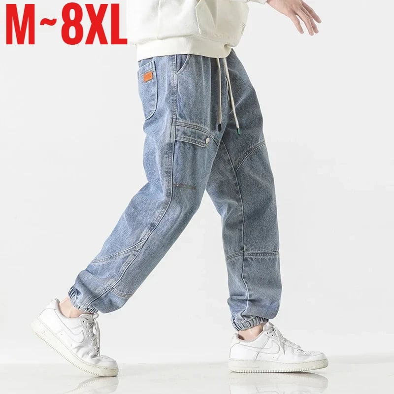 Pánské džíny s elastickým pasem harem baggy fit streetwear loose denim kalhoty velké velikosti