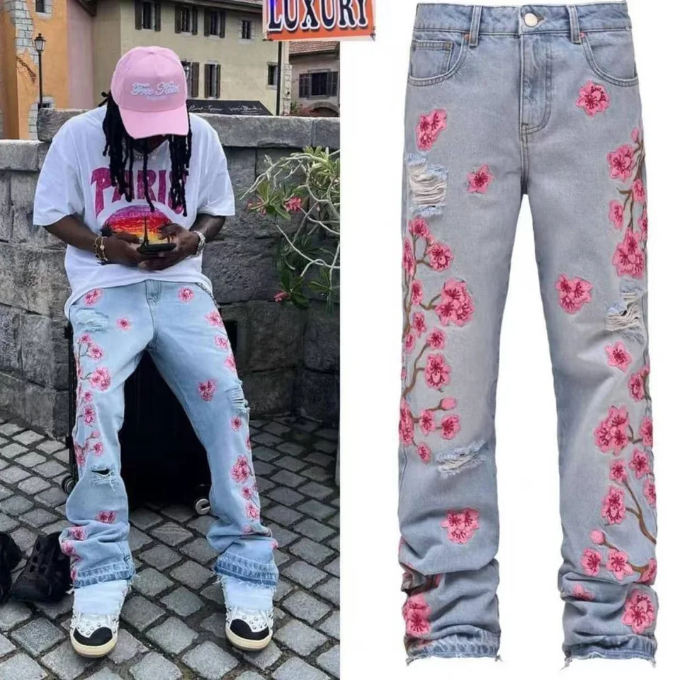 Pánské džíny s potiskem rovné střih děrované streetwear kalhoty jarní letní
