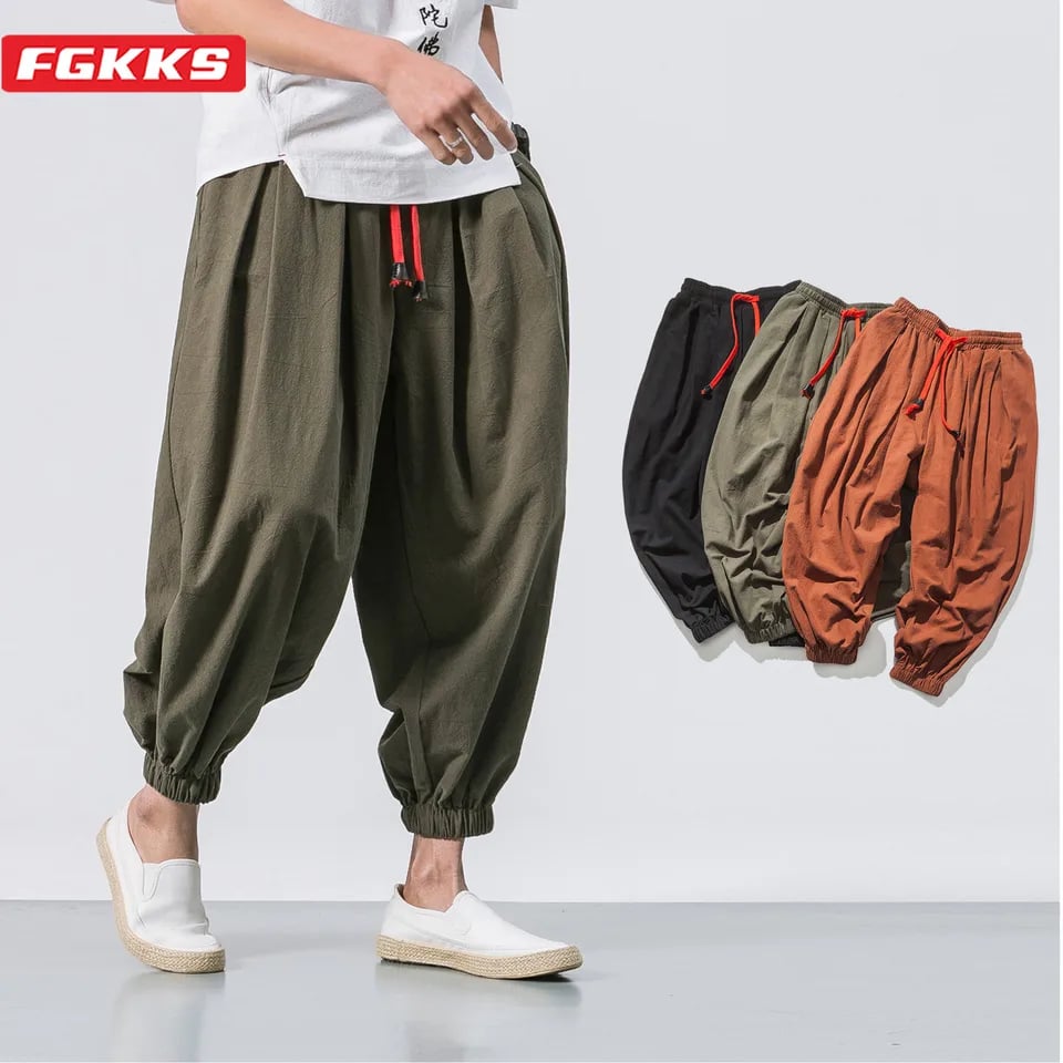 Pánské volné lněné kalhoty harém styl jarní oversize casual tepláky XXL
