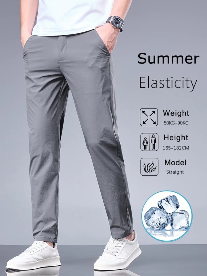 Letní pánské kalhoty z ledového hedvábí - elastický pas, prodyšné, černé šedé, casual