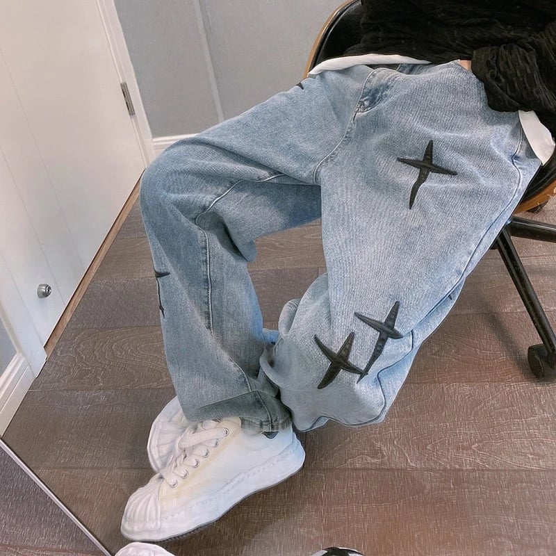 Pánské široké džíny s potiskem - volné streetwear kalhoty přímého střihu cargo styl