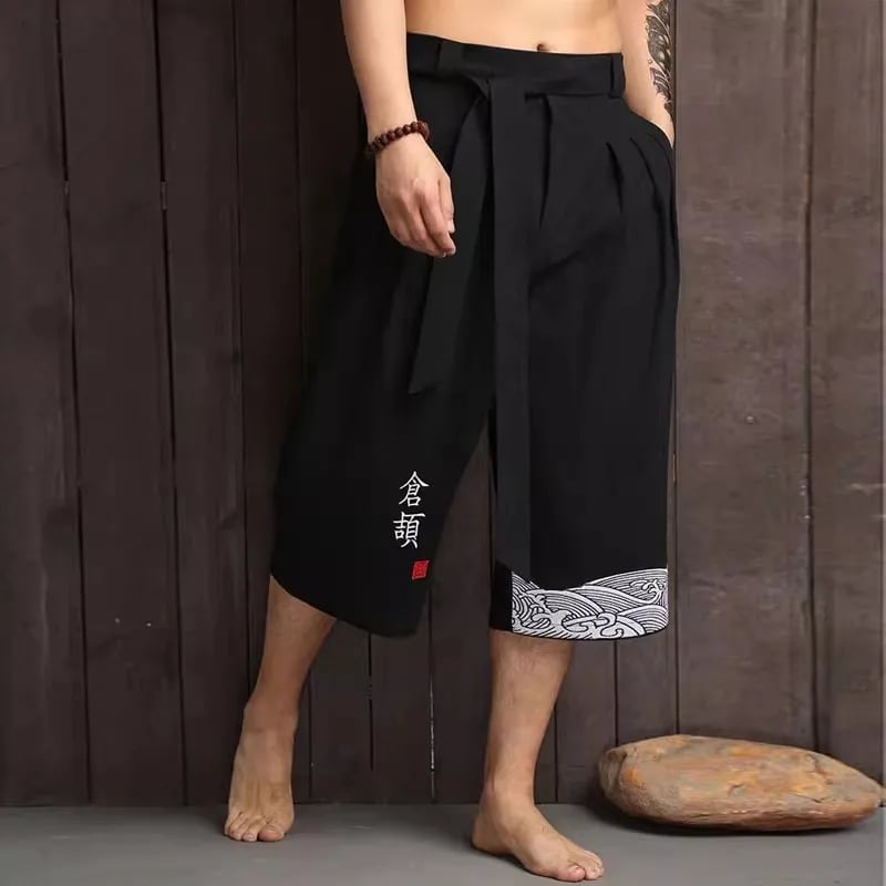 Pánské tradiční kimono kalhoty volné lněné 7/8 japonský styl casual oblečení