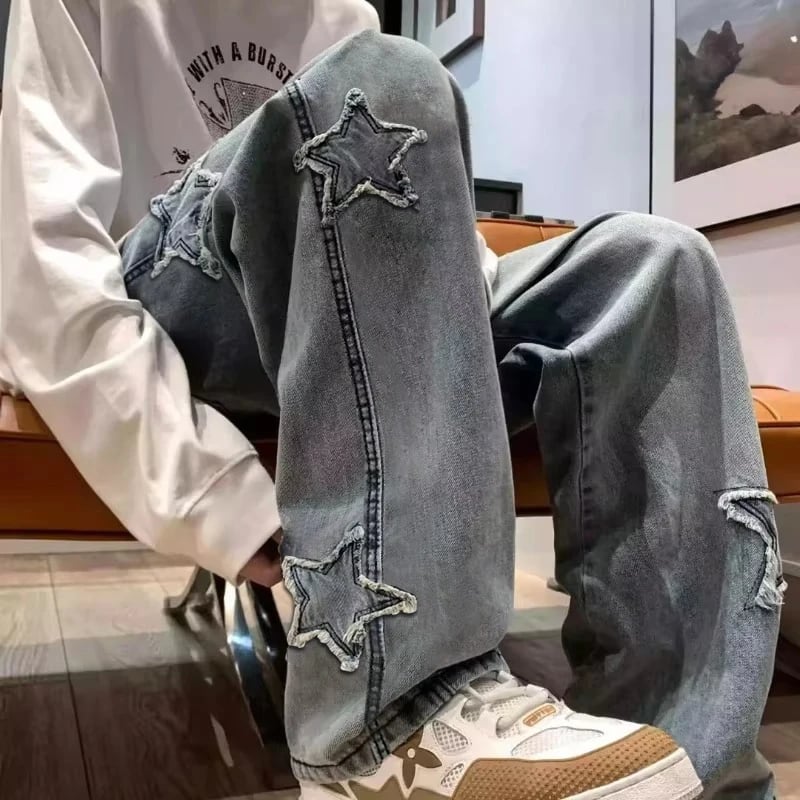 Pánské džíny s hvězdami a střapci Y2K streetwear rovný střih hip hop kalhoty