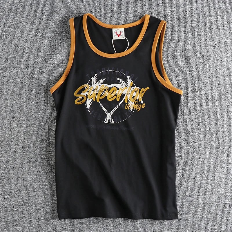 Pánské bavlněné tričko bez rukávů retro potisk sportovní casual vest