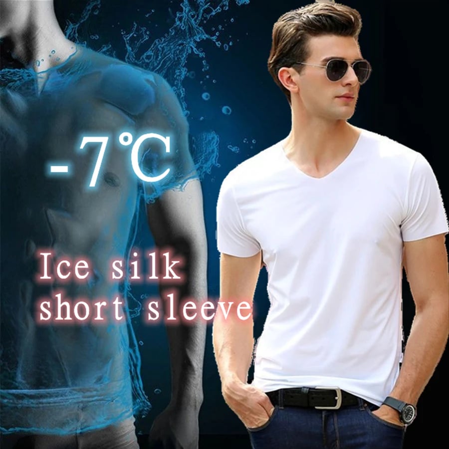 Pánské tričko s krátkým rukávem V výstřih ledový hedvábí volný sportovní top letní