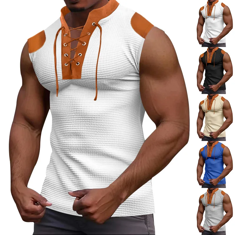 Pánské letní tílko s V-výstřihem a zavazováním - barevné casual tričko bez rukávů