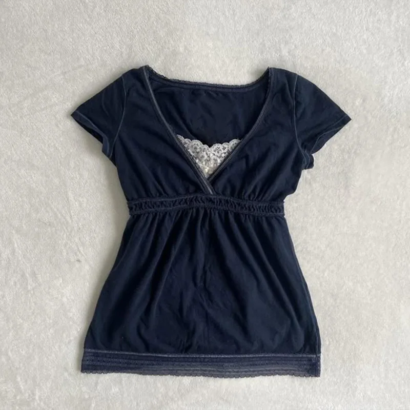 Dámské crop top tričko Y2K punk styl s krajkou retro slim fit casual černé