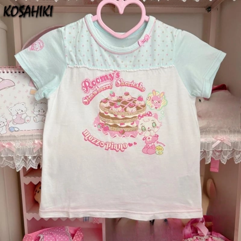 Dámské letní tričko s kawaii potiskem - Y2K estetika, harajuku styl, roztomilé topy