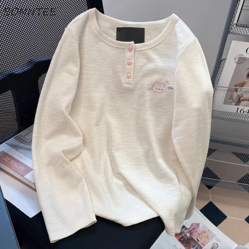 Dámské tričko s dlouhým rukávem výšivka volný střih O-výstřih jarní podzimní top