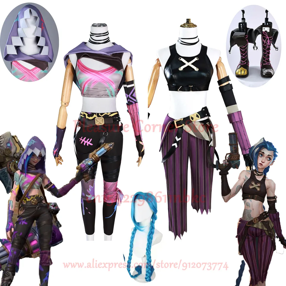 Arcane Jinx Cosplay Kostým Set s Parukou pro Ženy - Karnevalový Outfit Loose Cannon Skin
