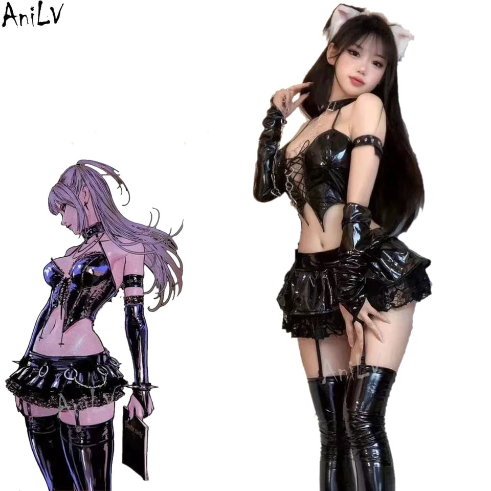 Dámský kožený cosplay kostým - gotický punk outfit s krátkou sukní 22cm