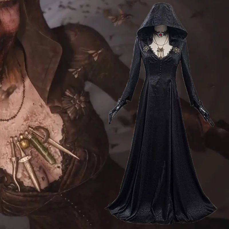 Gotický černý kostým s kapucí - Dlouhé šaty pro Halloween a středověký cosplay