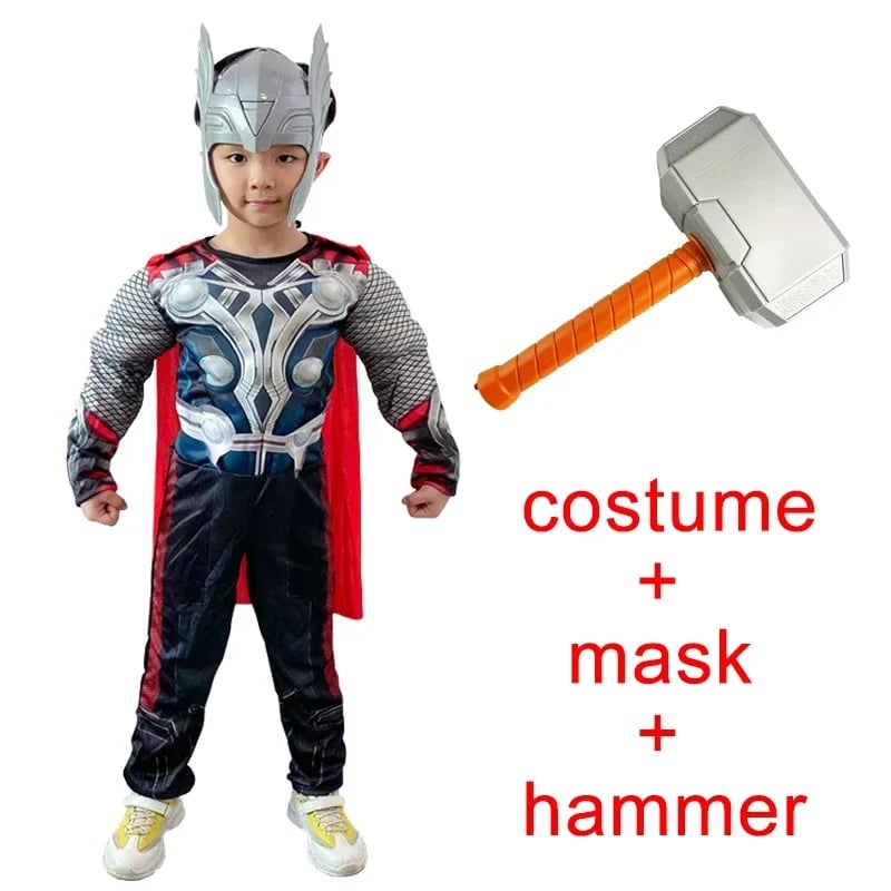 Kostým Thor superhrdina cosplay outfit s pláštěm a kladivem na Halloween karneval
