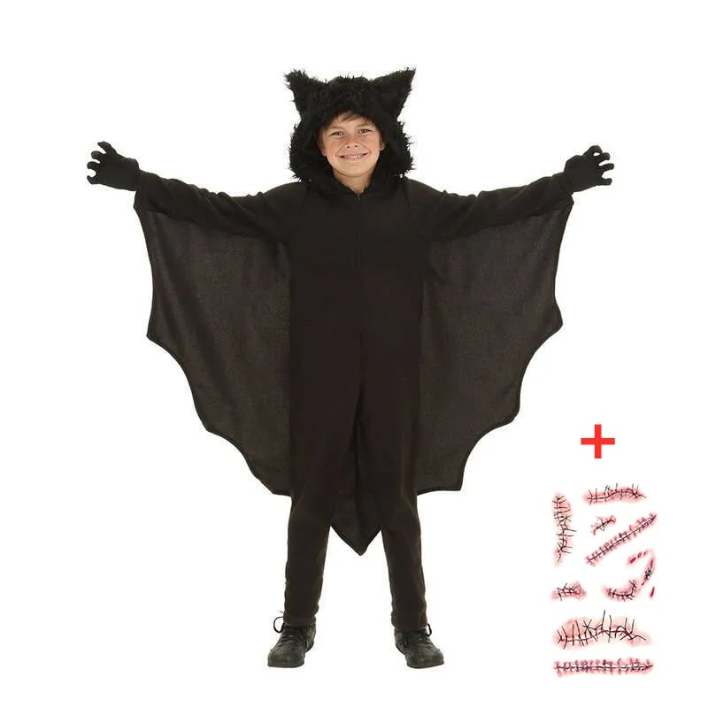 Dětský kostým upíra netopýra s kapucí unisex overal Halloween cosplay sada rukavice
