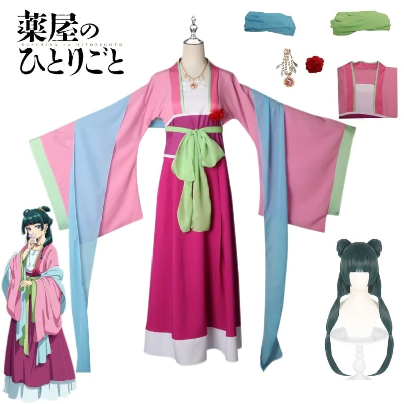 Anime cosplay kostým růžové šaty paruka sponka halloween párty ženy doplňky