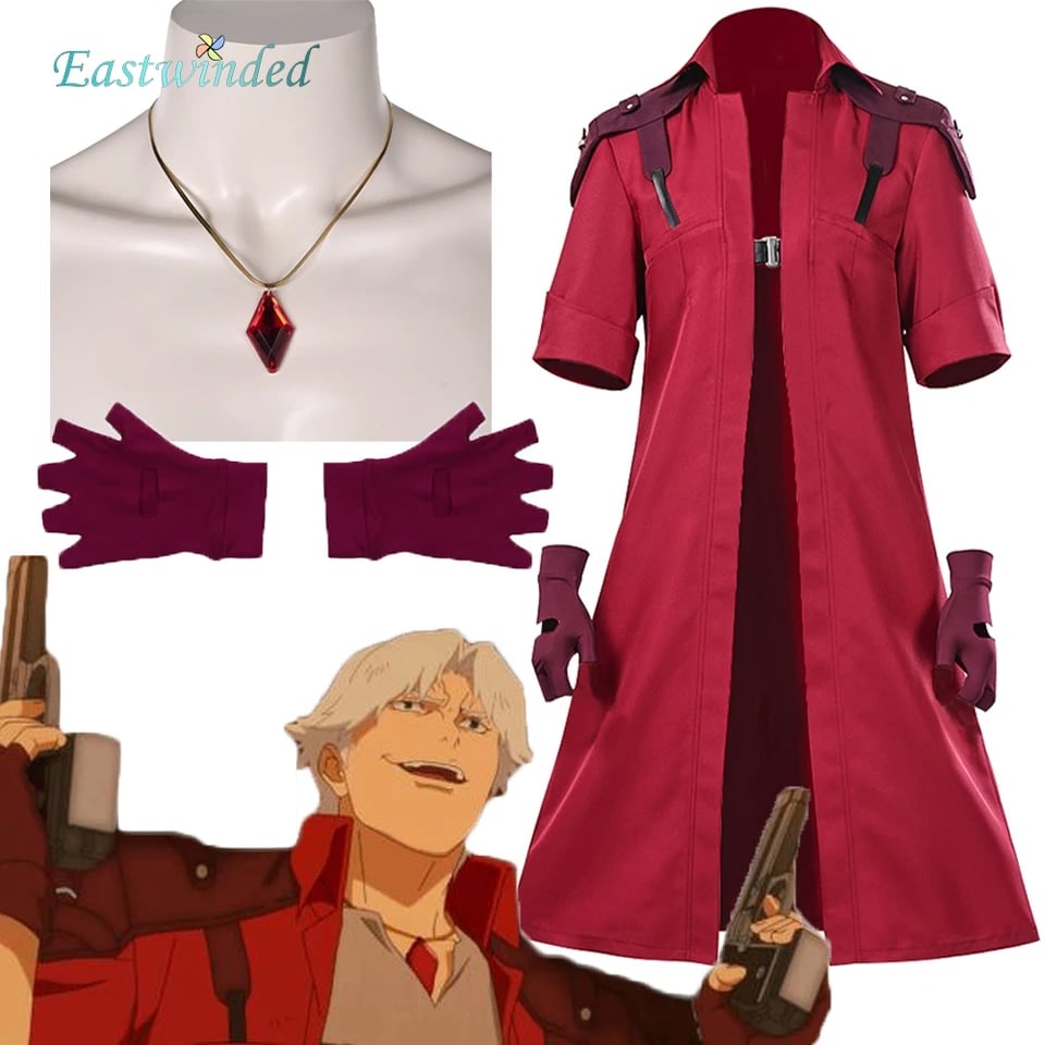 Kostým Dante červený kabát paruka rukavice náhrdelník pánský Halloween karnevalový outfit